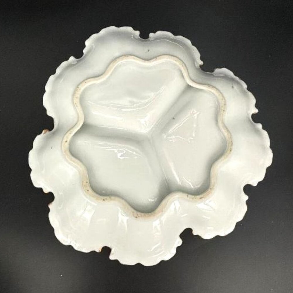 Vintage Art Nouveau Green Pink Floral Porcelain Divided Serving Dish Candy Nuts - Picture 6 of 6
